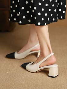 Xin Jing Shoes 2025秋冬新款女士时尚高跟鞋，双色方头粗跟露跟高跟鞋，优雅 - 米色 - 查看 8