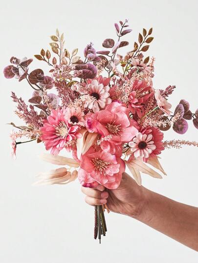 1束人造花，包括人造银莲花、雏菊和尤加利，质感逼真，适用于花瓶、家居、酒店房间、婚礼装饰、餐桌装饰、生日礼物、毕业典礼、秋季装饰等。