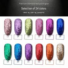 Esmalte de uñas de platino con diamantes Miss Comoy de 15ML, nuevo modelo popular de 2025, el tamaño de los destellos de purpurina hace un degradado de color brillante, se necesita lámpara de secado de luz ultravioleta, manualidades de uñas, pegamento de uñas comúnmente usado en salones de uñas