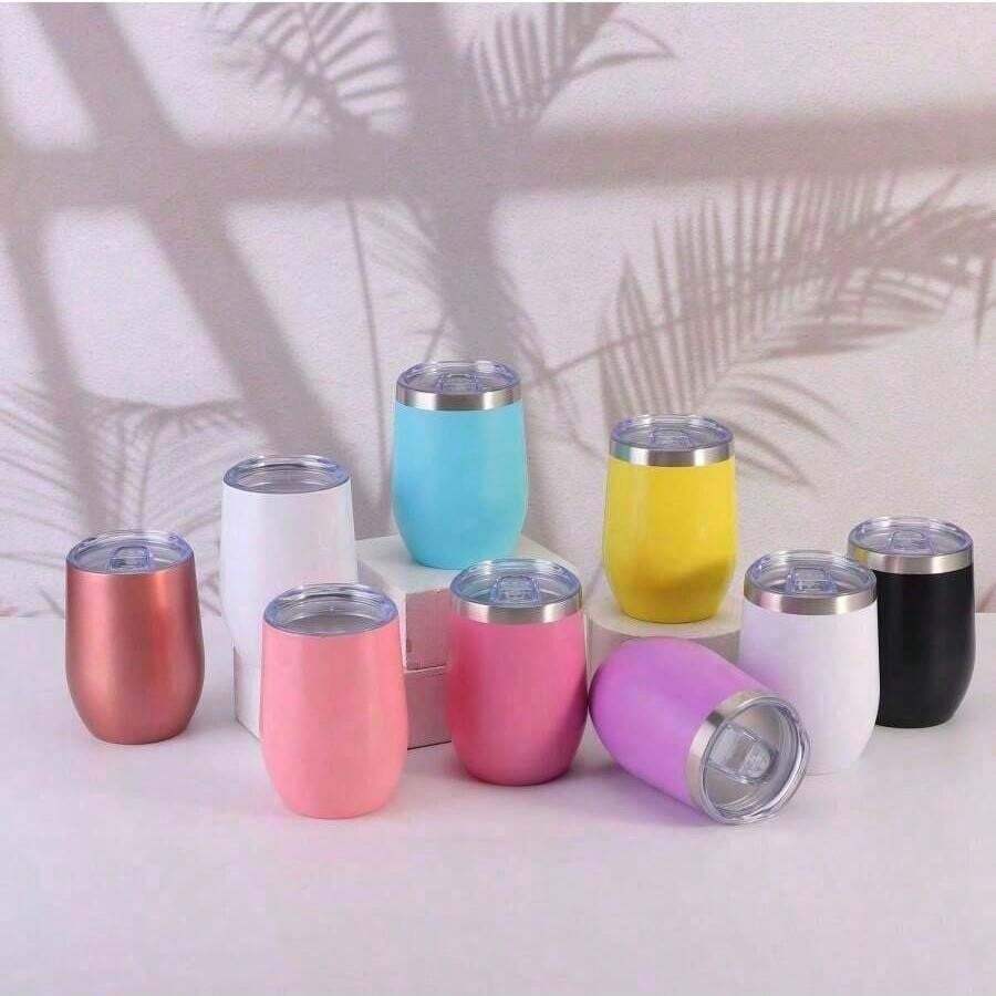 1pc Watersy Beer Mug, 12oz/350ml Powder Coated Wine Glass With Press Lid, Handleless Insulated Wine Tumbler, Double Wall Stainless Steel Travel Cup For Cold/Hot Drinks, Wine, Coffee, Cocktails, Back To School, Water Bottle