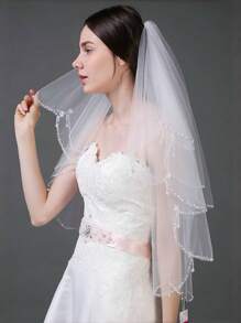 1pc White Waist & Hip Veil With Multi-Layer Handmade Beaded Embroidered Details, Water-Drop Rhinestone Design, Bridal Veil, Dual-Layer Net Veil With Bead Headpiece, Suitable For Wedding, Banquet, Performance, Cosplay, Photography Props, Elegant Retro Style With Comb Fall Clothes For Women - Multicolor - View 9
