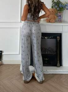 Sanrio طقم بيجامة للنساء يتكون من 2 قطعة: توب كروب مطبوع عليه هيلو كيتي + بنطلون مستقيم بخصر مطاطي - رمادي - مشاهدة 3