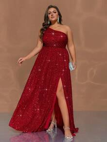 CHOSMO 新款夏季亮片红色连衣裙，优雅正式礼服，大码毕业/感恩节礼服，魅力修身单肩高腰婚纱，优雅晚礼服派对春季礼服 - 紅色 - 查看 7