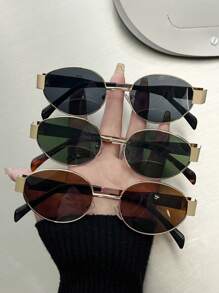 1pc/2pcs/3pcs/6pcs Oval Fashion INS Street Style Retro Sunglasses UV Protection Metal Frame Black Sunglasses With Travel Beach Accessories, Women - Multicolor - View 10