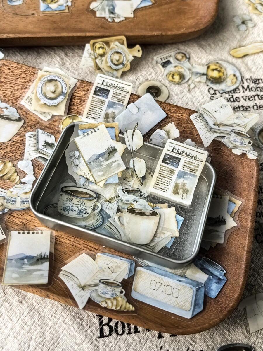 1 盒 100 张复古风格咖啡书 PET 锡罐贴纸，DIY 拼贴用品，学校用品，返校 - 均碼 - 查看 1