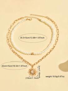 2pcs Bohemian Style Multi-Layer Pearl Heart & Sun Pendant Beaded Necklace, Suitable For Women Beach Vacation Wear