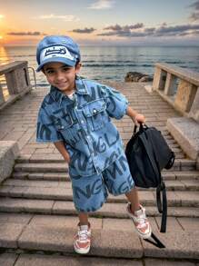 2pcs/Set Little/Toddler Boys' Summer Casual Printed Denim Short Sleeve Top And Shorts Set