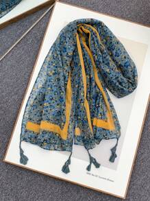 1pc Spring/Autumn Floral Print Tassel Scarf/Beach Towel - Yellow - View 4