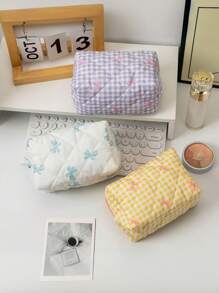 1 Stück neue karierte Schleifen Großraum-Clutch Aufbewahrungstasche, Münztasche tragbar, frisch und einfach, japanischer und koreanischer Studenten Beliebte Aufbewahrungstasche für Ausweise, Kosmetika, Datenkabel. Süßer, mädchenhafter Kosmetiktasche