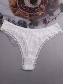 5pcs Women Ribbed Lace Trim Bowknot Sexy G-String Panties - White - View 8