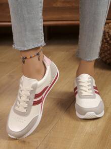 Women's Fashionable Color Block Casual Sneakers, Versatile Retro Lace-Up Flat Athletic Shoes, 2025 New Arrival