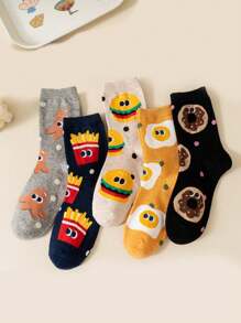 3 Pairs Random Assorted Colors Kids Socks Cartoon Cute Hamburger & Fries Pattern Boys Girls Versatile Mid-Calf Socks - Multicolor - View 2