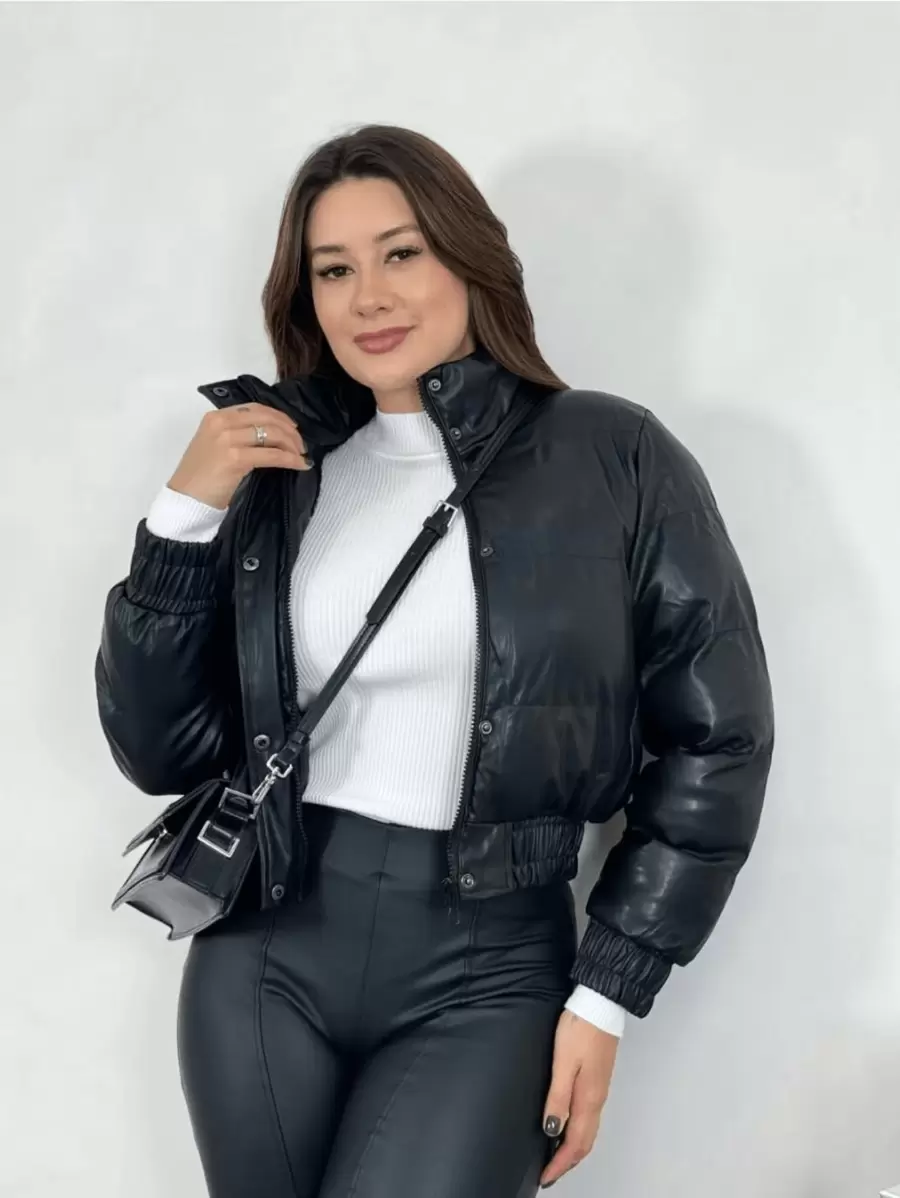 Women's Furry Leather Puffer Jacket Fashion Zipper With Removable Hood - 黑色 - 查看 1