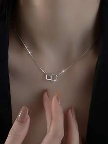 Sterling Silver Rhinestone-Set Double Ring Necklace For Women New Chic Minimalist And Cold Style Interlocking Collarbone Chain - Square and Round Interlocking Necklace - View 4