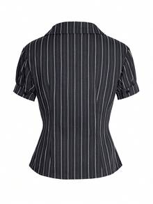 阳光少女夏季女装毕业季学院风 Y2K 条纹印花前扣修身短袖衬衫 - 黑色 - 查看 4