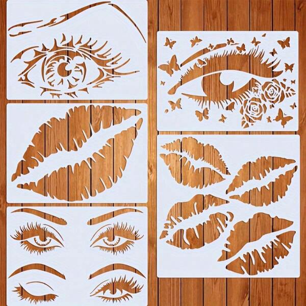 5 Stück Augen & Lippen Malschablonen, wiederverwendbare Schablonen zum Malen auf Holz, Leinwand, Papier und mehr - Plastik, flexibles Design für Scrapbooking, Basteln, Heimdekoration, Schule, Schulmaterial