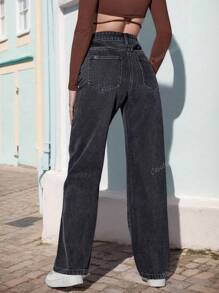 Pantalones vaqueros rectos de unicolor casuales para mujer, Jeans de mezclilla rectos y sueltos con bolsillos para mujer, Vaqueros negros rectos y holgados