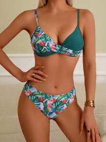 Tropical Print Hard Cup Bikini Set - Multicolor - View 2