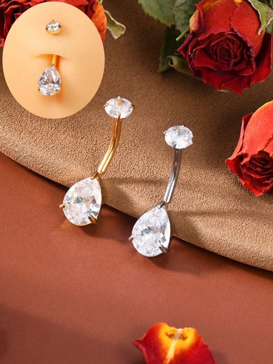 2PCS 14G 316L Stainless Waterdrop Belly Button Ring Classic Daily Navel Barbell Stud Simple Teardrop CZ Navel Belly Piercing Jewelry Exquisite Gift For Her Internally Threaded Silvery/Gold