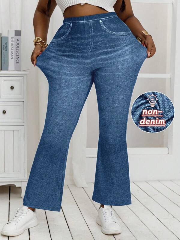 Plus Size Denim Effect Stretch Flare Leggings High-Waisted Loose Wide Leg Pants For For Everyday And Wear