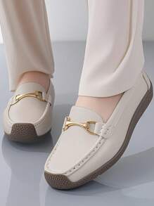 Women's Apricot Casual Loafers With Hand-Stitching &Metal Buckle. Elegant & Casual Flats, Lightweight Leather Shoes, Comfortable Flat Shoes Fall. - Apricot - View 9