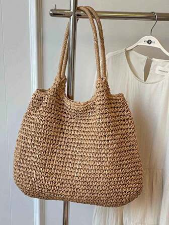 Fashionable Large Capacity Holiday Beach Bag, Women Straw Woven Tote Bag, Casual Woven Shoulder Bag, Suitable For Travel, Beach, Picnic, Gift For Women And Moms