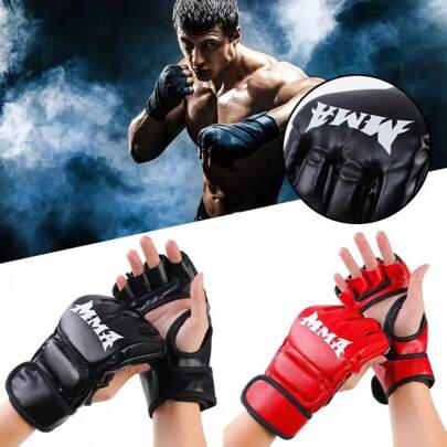 A Pair Of Thickened Half-Finger Boxing Gloves, MMA High-Quality Pu Leather, Suitable For Boxers, Karate, Sanda Thai Training Men's Exercise Five-Finger Boxing Gloves Training Equipment.