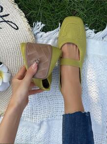 New Plus Size Women Flat Square Toe Spring/Summer Mesh Knit Loafers, Comfortable Super Soft Slip-On Shoes For Vacation, Travel, Breathable Work Flats, Versatile Casual Sandals - Yellow - View 3