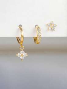 3 件不锈钢耳垂耳环，14K 镀金闪亮 CZ 耳环套装，白色锆石花朵风格耳钉，适合女士女孩 - 銀色 - 查看 5