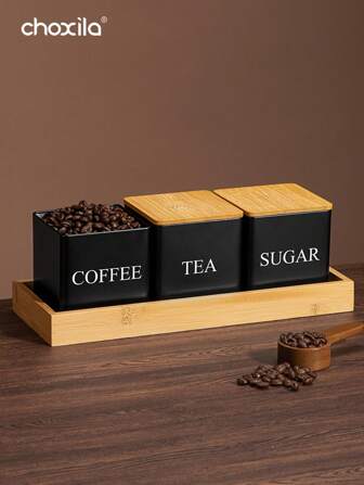 choxila Set de 3 botes para almacenar café, té y snacks. Botes de metal con tapa de bambú para exhibición de granos de café y artículo de regreso a clases