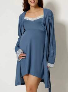 Robe d'été/automne décontractée pour femme en couleur unie sans manches avec insertion en dentelle, veste à manches longues assortie. Ensemble robe et robe de chambre confortable. Robe de maternité simple et sexy