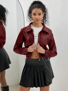 Women's Retro Chic Collar Zip-Up PU Leather Jacket, Casual Lightweight Short Jacket, Sporty Outerwear For Spring & Autumn - Burgundy - View 3