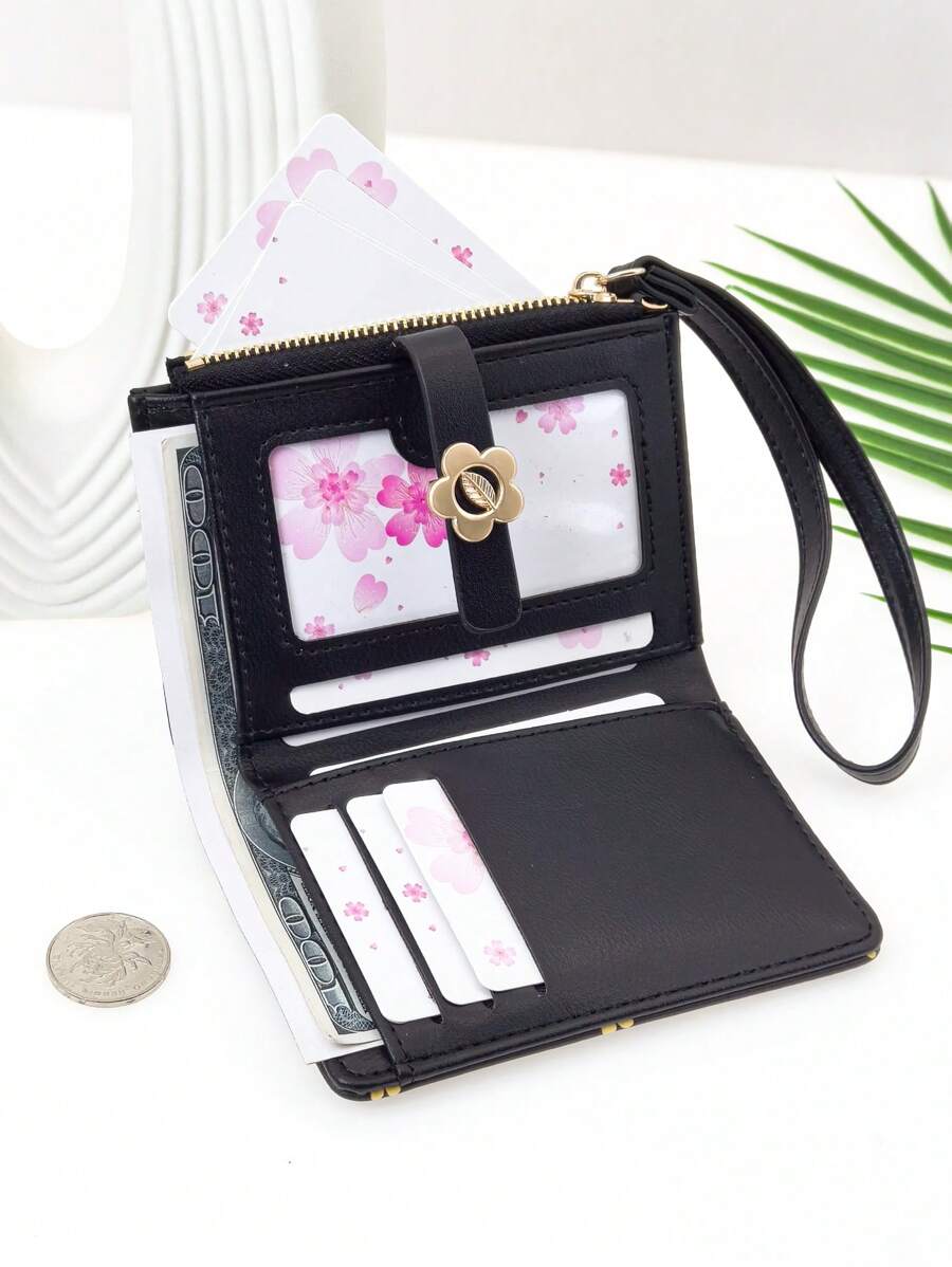MINGYOU Women's Short Wallet PU Ditsy Floral Pattern Compact Handheld Wallet With Snap Closure Multi-Color Patchwork Design Student/Gift Compact And Practical Wallet Purse Wallet Mini Wallet Small Wallet Wristlet For Women Wallet - Black - View 1