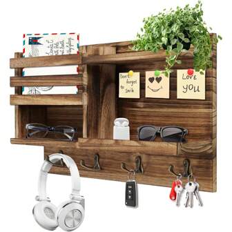 钥匙架壁挂式，实木钥匙和邮件收纳架，适用于墙壁，8 个挂钩钥匙架，适用于入口走廊卧室农舍家居装饰