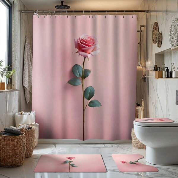 1/4pcs Pink Rose Theme Bathroom Set Including Shower Curtain, Bath Mat, U-Shaped Toilet Seat Mat, Waterproof And Mildew Resistant, Fashion Curtain For Bathroom Decoration, Modern Style, Washable Back To School