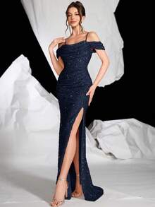 Sequined Open Shoulder Slim Fit Fishtail Dress With High Leg Slit, Padded Bust, Party/Formal Evening Gown, For Wedding Guest - Navy Blue - View 5