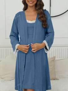 Robe d'été/automne décontractée pour femme en couleur unie sans manches avec insertion en dentelle, veste à manches longues assortie. Ensemble robe et robe de chambre confortable. Robe de maternité simple et sexy
