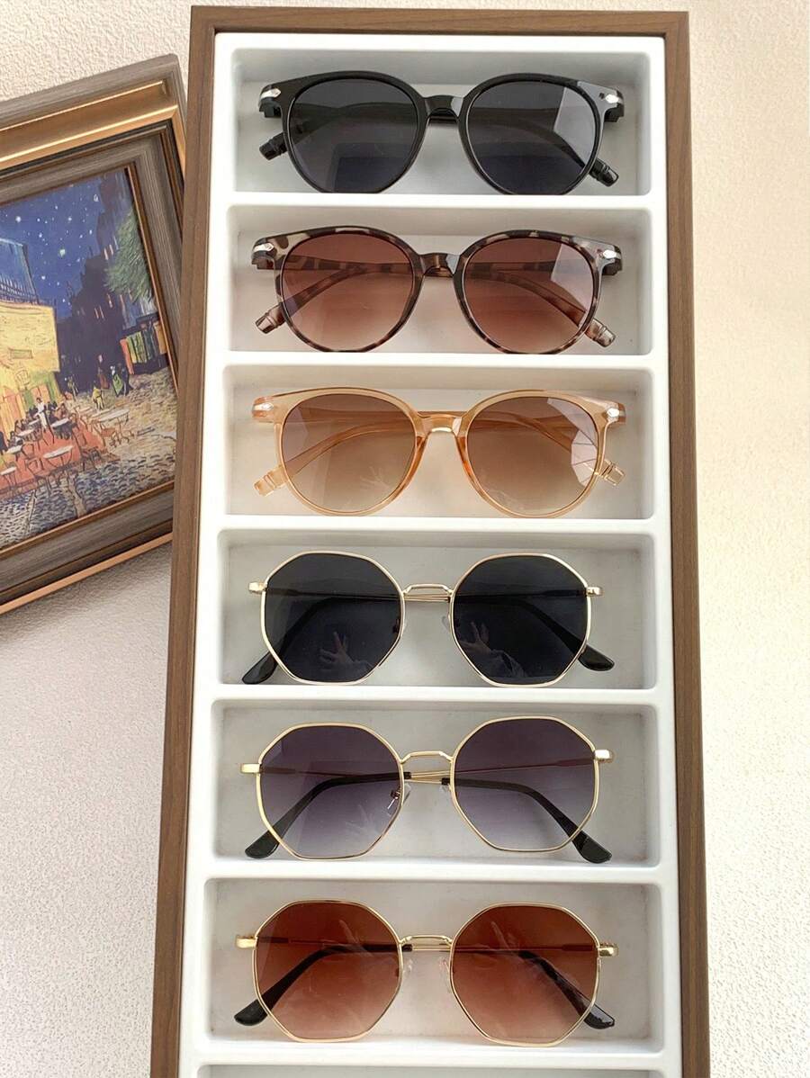 6pcs Rivets Decor Round Frame Polygonal Design Fashion Eyeglasses For Women For Summer Beach Vacation,Outdoor,Travel