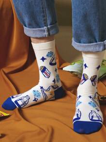 3 双男女通用番茄、甜甜圈、苏打印花趣味创意柔软中筒袜，春夏 - 彩色 - 查看 4