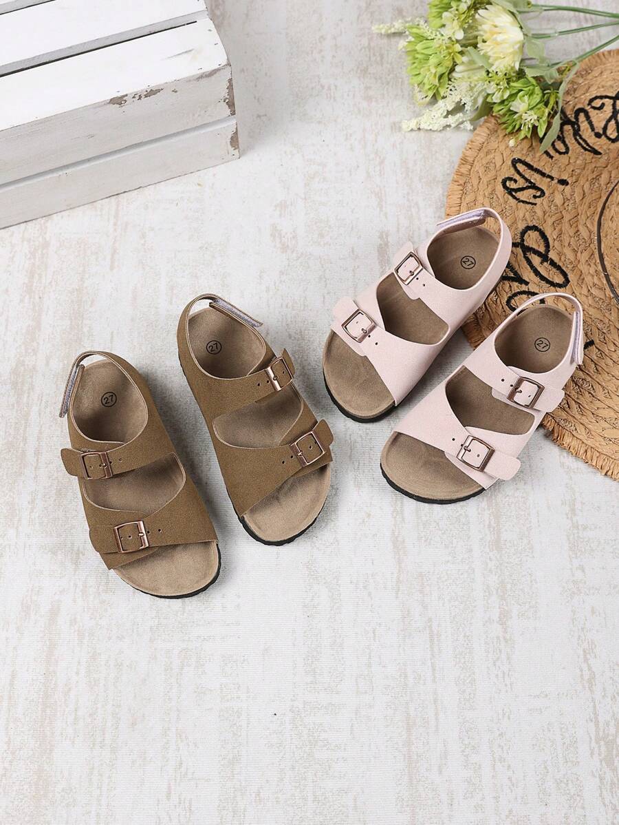 1 par de sandalias planas marrón para niñas de talla grande y ancha, con correa de unicolor, hebilla metálica, diseño de, punta redonda, antideslizante, estilo romano lindo y de lujo, adecuado para niños y niñas de 3 a 15 años, para uso diario, fiesta, casual, vacaciones, nueva llegada primavera/verano 2025 - Marrón - Ver 1