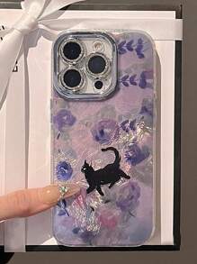 梦幻优雅紫色花猫设计手机壳适用于 16 Pro Max、新款 16/15 Plus、14、13、12 PM，全身保护壳带镜头膜，女性化防水防震防摔防刮 - 紫色 - 查看 5