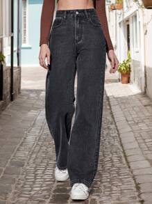 Women's Casual Solid Straight Jeans, Loose Straight Denim Jeans With Pockets, Loose Straight Black Jeans