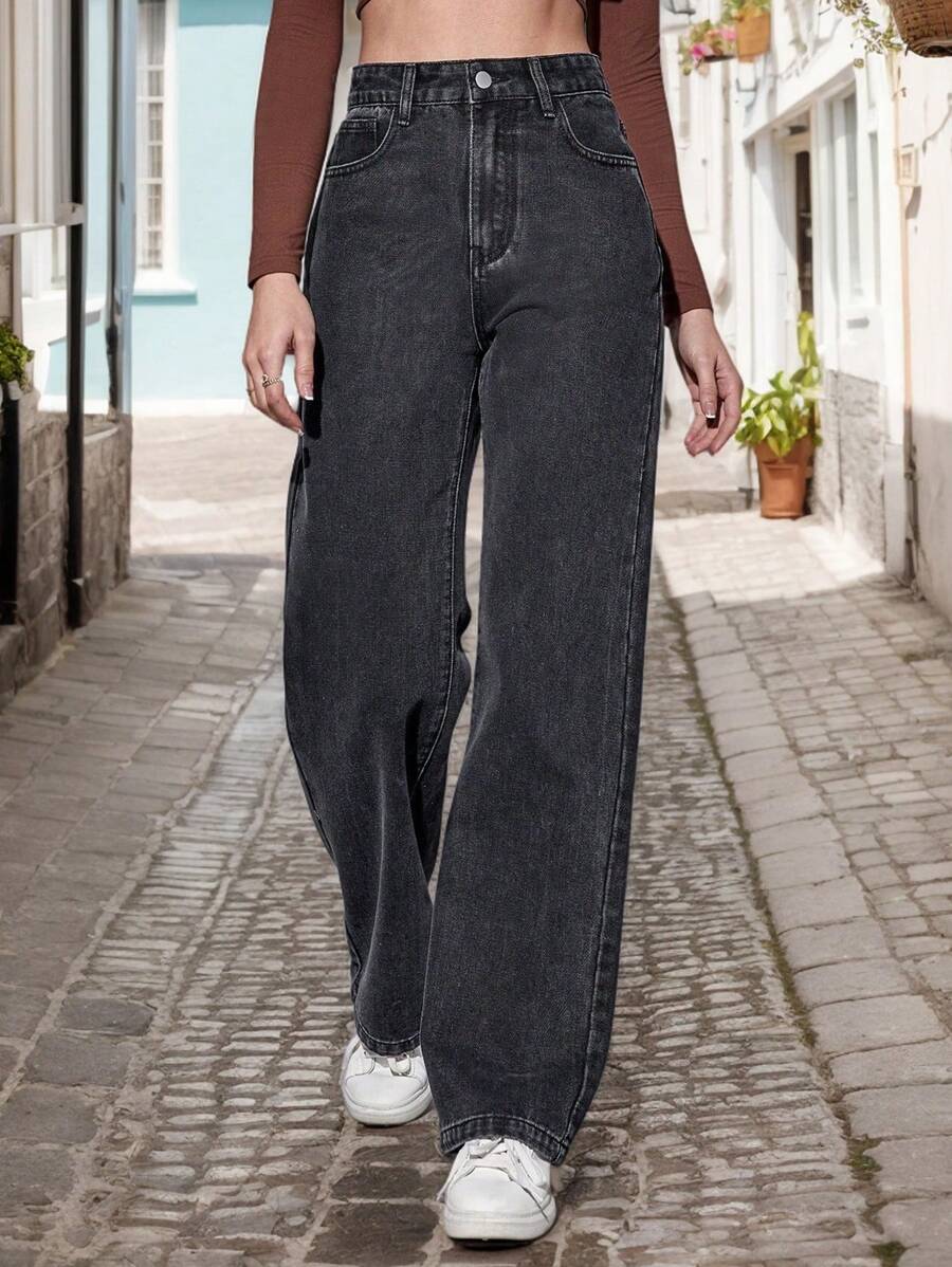 Women's Casual Solid Straight Jeans, Loose Straight Denim Jeans With Pockets, Loose Straight Black Jeans
