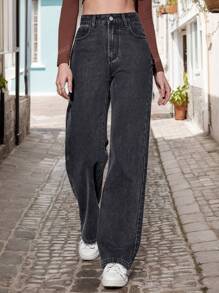 Pantalones vaqueros rectos de unicolor casuales para mujer, Jeans de mezclilla rectos y sueltos con bolsillos para mujer, Vaqueros negros rectos y holgados