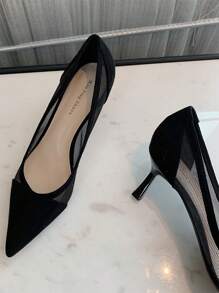 Xin Jing Shoes Fall/Winter Mesh Insert Point Toe Stiletto Heeled Court Pumps, Black Elegant Solid Color High Heel Shoes For Women, Elegant, Kitten Heels