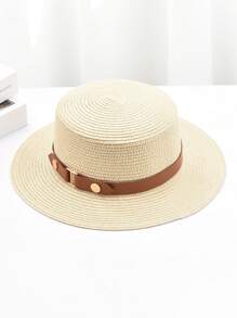 1pc Retro British Style Flat Top Straw Hat, Outdoor Sun Protection Beach Hat