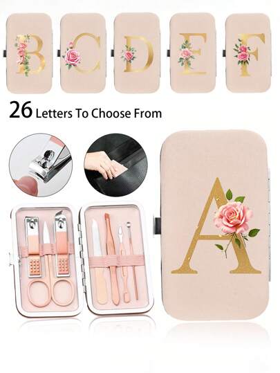 7件套专业便携式美甲套装，金色字母图案，眉毛修剪器，面部毛发修剪器，不锈钢指甲护理工具，配有豪华皮革收纳盒，适合旅行和居家使用