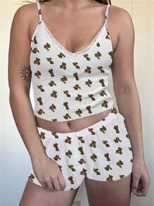 Women's Fashion 2 Piece Outfits Lace Trim V-Neck Cami Top And Low Waist Shorts Set Casual Streetwear