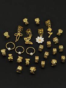 27pcs Butterfly Flower Y2K Bow Dreadlock Hair Jewelry Accessories For Braids Gifts For Girls And Women Perfect For Dances And Parties Music Festival Hair Clips, School Stuff - Gold - View 6