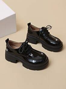 Women's High Heel Chunky Platform Loafers, Black Patent Leather Classic Timeless Butterfly Decor, Anti-Slip Thick-Soled Elevator Shoes - Black - View 1